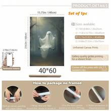 1 件秋千帆布海报 - 可怕的万圣节墙壁艺术与可爱的幽灵，带框卡通风格装饰，适合客厅、卧室或家庭办公室，室内使用，非常适合儿童房或浴室，万圣节装饰