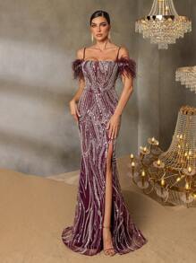 Faeriesty Faeriesty Elegant Off-Shoulder Mermaid Evening Gown - Sequin & Beaded Dress With Feather Embellished Shoulders, Cross Back Strap Detail & High Slit Fish Tail Skirt For Red Carpet Galas, Luxury Wedding Banquets, Elegance Events
