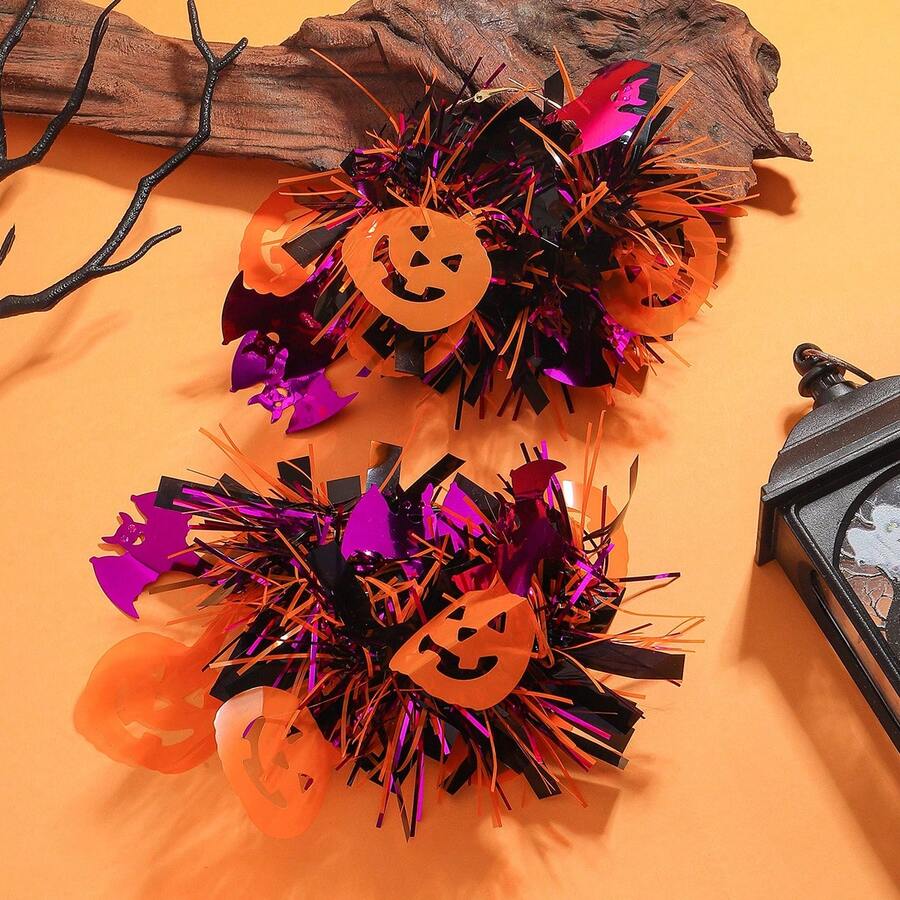 1 对万圣节彩色条纹流苏南瓜耳环，金属线彩色流苏装饰耳环适合节日派对、化妆舞会装饰