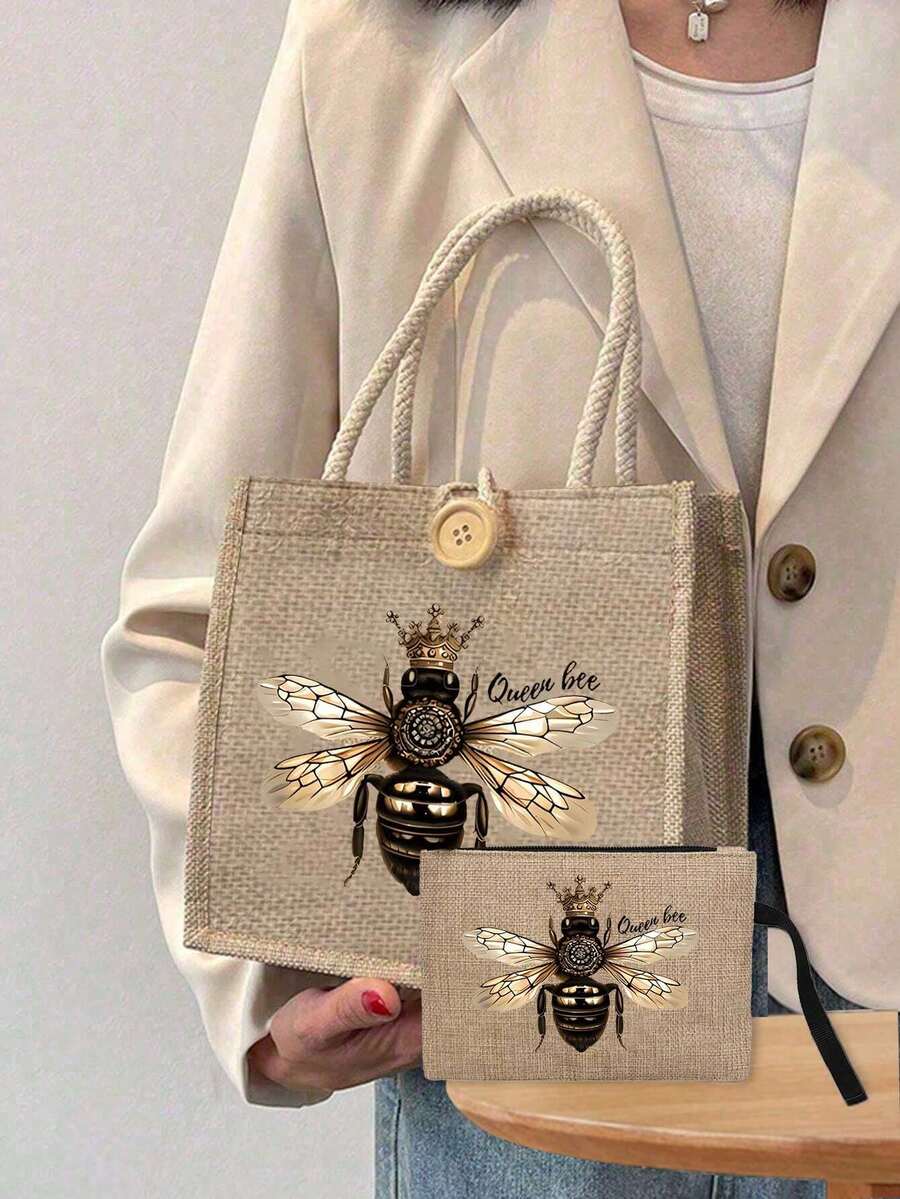女士多功能皇冠蜜蜂王图案手提包套装，含化妆收纳袋、红色气垫指甲油收纳袋、零钱包，适合婚礼、生日、海滩和节日，亚麻手提包，教师节礼品袋 - 彩色 - 查看 1