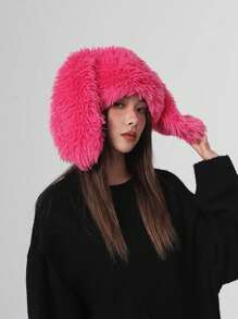 1pc New Sweet & Cute Soft Plush Long Ear Rabbit Ear Protection Hat, Warm Outdoor Lei Feng Hat, Solid Color Casual Polyester Embroidered