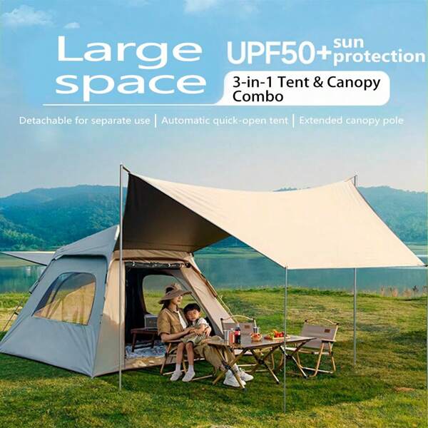 Carpa para camping de 4-6 personas, instalación rápida de 3 segundos, cómoda carpa tipo cabaña para familia grande, tela Oxford 210D con recubrimiento negro-café, con bolsa de transporte, adecuada para camping y senderismo al aire libre
