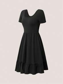Abito casual a maniche corte lavorato a maglia di colore unito per ragazze adolescenti (YY824) - nero - Visualizzare 1