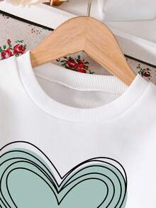 青少年女孩心形图案保暖圆领运动衫和裤子套装 - 白色 - 查看 3