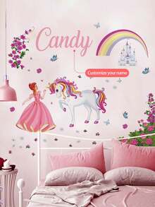 1 件 30*120 厘米玫瑰花束公主白马城堡墙贴，花卉仙女贴花，适用于儿童房、公主房、托儿所，可移除且自粘