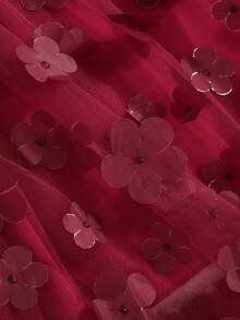 Kid Girl Fall Dress 3D Flower Round Neck Ruffle Long Sleeve Patchwork Tulle Dress With Belt - 紅色 - 查看 6