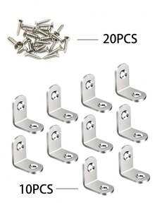 30pcs Heavy-Duty L-Shaped Corner Brackets Stainless Steel Corner Braces - Fit For Cabinets, Furniture, Cupboards, Chairs And Drawers - Includes 10 Brackets And 20 Screws - , Multipurpose Connectors - Silver - View 8