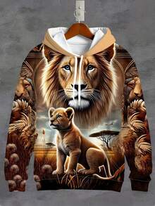 3D-Herren Sacred Lion und junger Löwe Muster Langarm Lässig Hoodie mit Kordelzug Tasche, modisches Muster Kapuzenjacke, Sportmode, Lässig Frühling und Herbst Oberteil - Verschiedenfarbig - Übersicht 3