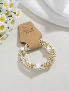 4Pcs Gold Beaded Polymer Clay Cross Bracelet For Women Cute Handmade Stackable Boho Beads Friendship Stretch Bracelet Cross Bracelet Gifts For Women ( The White Cross Has Slight Staining, Please Be Cautious When Taking Photos If You Mind)