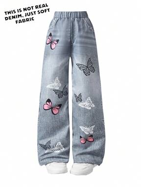 Pantalon à imprimé papillon effet jean pour les jeunes filles, printemps/été, décontracté et pratique