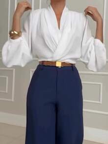 Women's Fashionable Elegant Long Sleeve Versatile Blouse Top, Solid Color Polyester, Spring/Summer - White - View 4