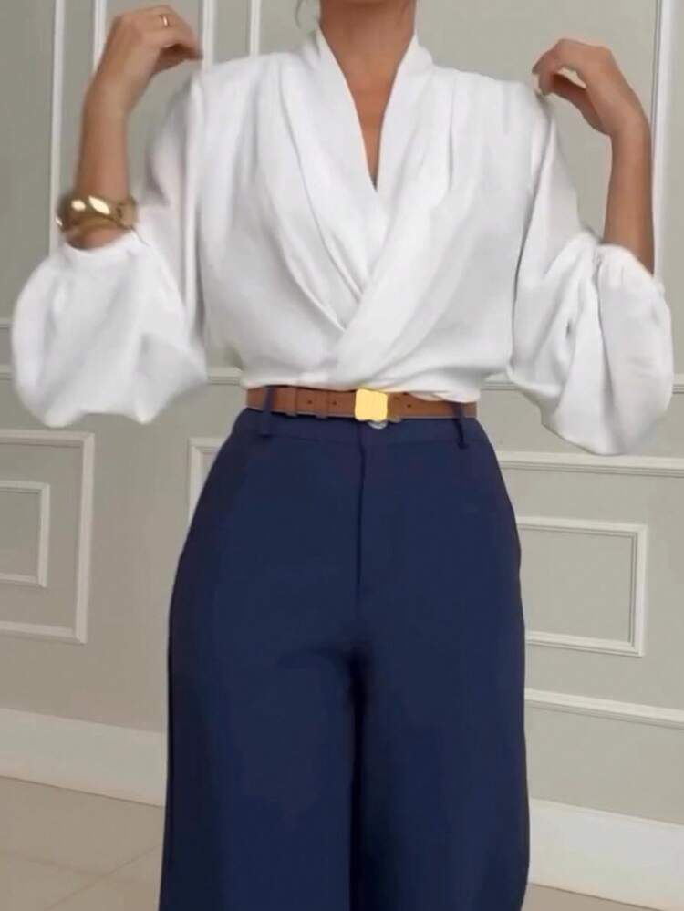 Blusa elegante de manga larga y uso versátil para mujer, unicolor de poliéster, primavera/verano blanco - Blanco - Añade 3