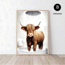 1/3 件套奇思妙想高地牛浴室海报 | 有趣的农场动物帆布艺术，Cottagecore 奶牛礼品，适合幽默爱好者的农舍墙壁装饰，无框架