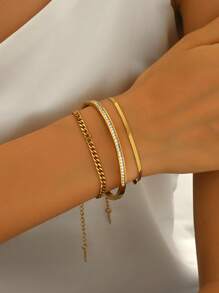 3pcs Minimalist, Versatile, Light Luxury, Stackable Zirconia Paper Clip Bracelets, 18K Gold-Plated Mirror Polished, Vacuum Plating, Waterproof And Not Easy To Fade Stainless Steel Bracelet Set, Personalized Jewelry Bracelets, Women's Jewelry, Suitable For Women's Gatherings, Daily Wear, European Style, Generous Personalized, Luxury Zirconia Wristbands,