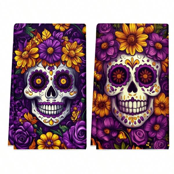 1 set/2 pièces Serviettes de cuisine avec motifs de crâne et de fleurs, serviettes à vaisselle, convient pour la décoration intérieure des restaurants, cuisines et salles de bains, la décoration de fête, les cadeaux de festival, et peut également être offert comme cadeau d'Halloween