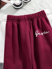 Conjunto de sudadera de cuello redondo abrigada y pantalones con patrón de letras para niños pequeños - Burdeos - Ver 5