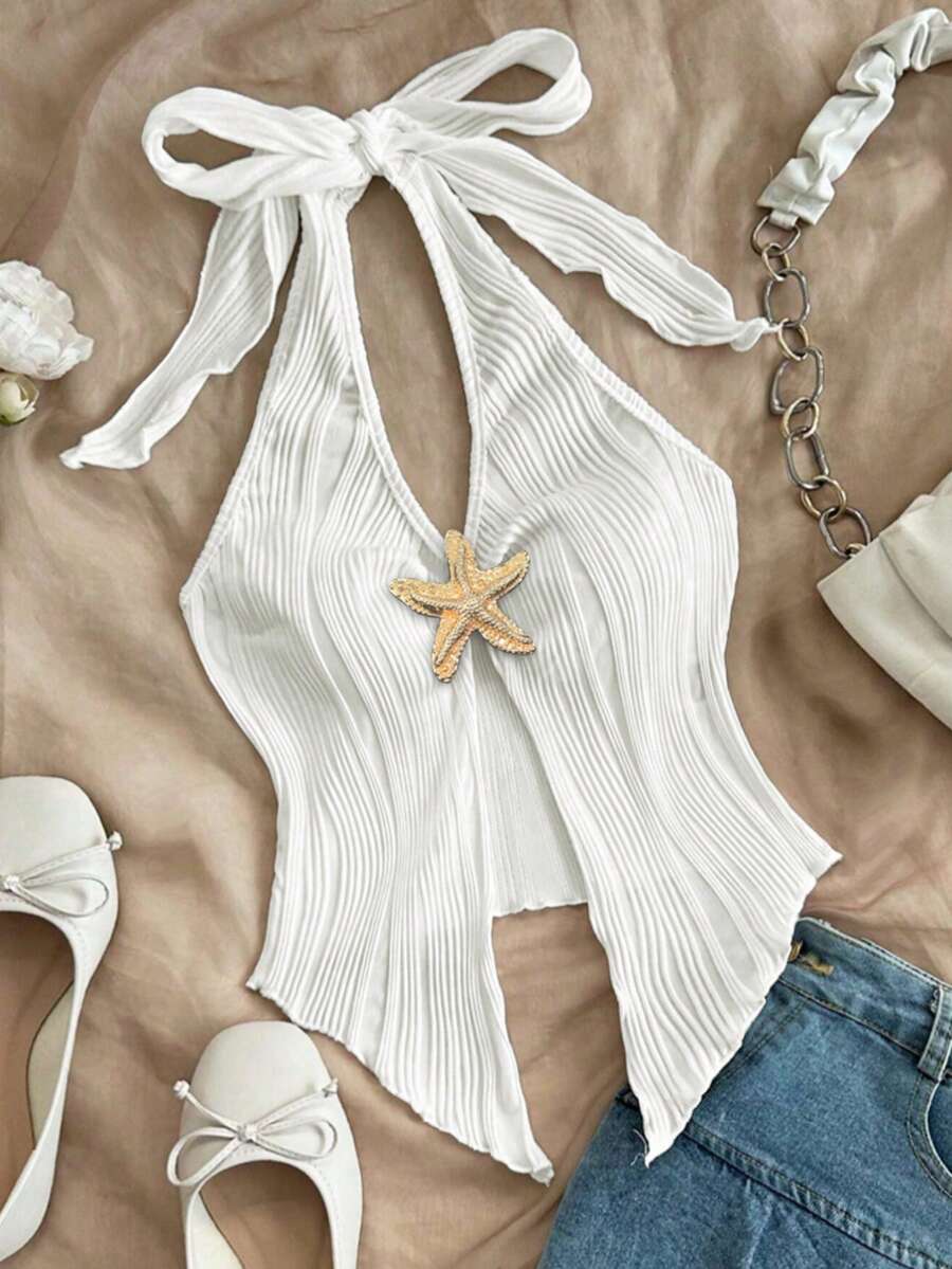 Camiseta sin espalda de mujer con textura en 3D con accesorios de estrella de mar, halter, cintura ceñida y espalda abierta, y Top corto con abertura y escote en la parte delantera, para primavera, verano y otoño