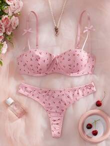 Women's Pink Fresh-Style Cherry Print Bow Lace Underwired Lingerie Set - Push-Up For Small Busts, INS-Friendly, Versatile For Daily Wear, Breathable, Comfortable & Soft Skin-Friendly Fabric - 粉色 - 查看 2