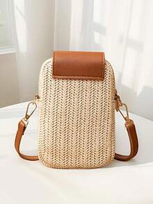 1 件女孩休闲街头风格可爱迷你斜挎手机钱包带零钱包 - 编织面料设计，磁性按扣，涤纶衬里，可调节肩带，适合外出、聚会、度假 - 结构 - 編織手機包 - 查看 7