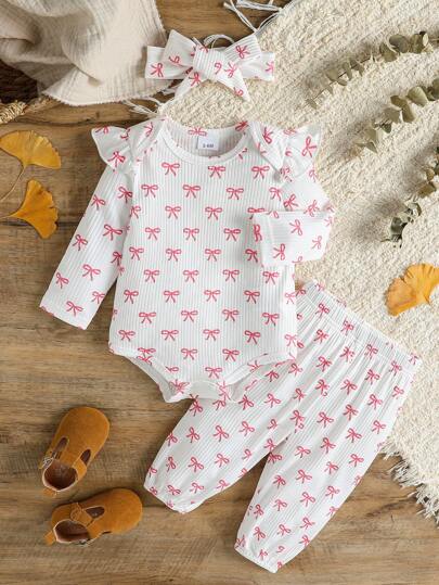 2pcs Baby Girls Ribbed Floral Print Bow Romper Set, Comfy & Fresh, Spring/Autumn