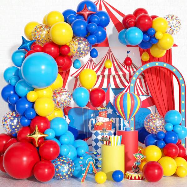138psc Circus Themed Balloon Garland Arch Set, Including Red, Blue, Green, Yellow Latex Balloons, Perfect For Birthday Party Decorations, Decorative Backgrounds, Graduation Decorations, Circus Themed Party Supplies