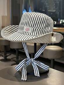 1pc Vintage Check Pattern Applique Contrast Color Drawstring Wide Brim Bucket Hat Boho Vacay Spring/Summer Sun Protection Hat, Bright Monochromatic Looks, Tie Strap UV Protection Travel Accessory - Multicolor - View 8