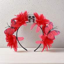 Diadema de Halloween para mujer con calaveras, flores y mariposas, aro para el pelo para fiestas, disfraces, accesorios para fotos. - Rojo - Ver 5