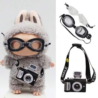 1 bril + 1 cameraset, schattige decoratieve rekwisiet voor poppenkostuums van 5,9-6,9 inch, cartoon-kawaii decoratie-accessoires, zwembril, compatibel met (sommige onderdelen kunnen willekeurig zijn)