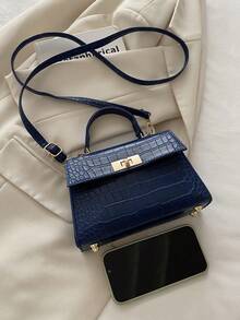 Bolso cuadrado de mano de moda mini unicolor de PU con solapa - Azul Marino - Ver 3
