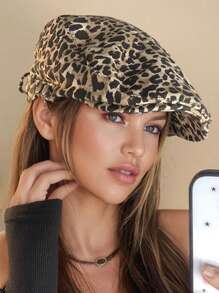 1pc Women Fashionable Leopard Print Beret Hat, Stylish Newsboy Cap, Street Casual Forward Hat, Suitable For Autumn/Winter, Street, Business, Party Occasions