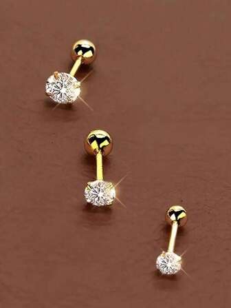 3pcs Set 18K Gold-Plated Stainless Steel Classic Round Cubic Zirconia Stud Earrings, Fashion Jewelry Gift For Women, Hypoallergenic Daily Wear