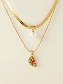 1 件不锈钢双层蛇骨项链，带树脂仿珍珠和水果吊饰（草莓、西瓜、樱桃），非常适合夏季郊游、海滩、情人节礼物和日常佩戴，适合所有场合