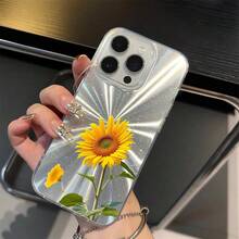 Bright Yellow Sunflower Single Bloom White Background-Angle-Changeable Firework Phone Case|Multi-Dimensional Sparkle Effect |Anti-Slip, Shockproof For IPhone [X/11/12/13/14/15/16 Pro Max], Girls Aesthetic Accessories - White - View 1