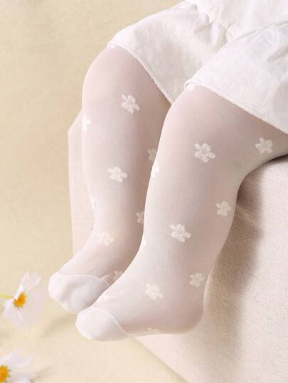 1pc Random Floral & Cherry Print Baby Girl Mesh Leggings, Soft Velvet Fabric, Comfortable For 0-3 Years Old, Dance Tights