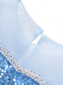女童蓝色亮片拼接多层薄纱泡泡袖连衣裙，搭配皇冠、魔法棒、雪花项链和手链配饰，休闲连衣裙，适合外出、聚会、生日派对和其他活动。 - 藍色 - 查看 5