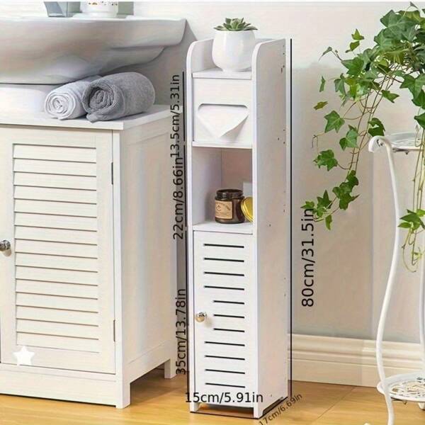 Sleek Contemporary Bathroom Shelf - Compact Floor Storage Unit With Cabinet & Open Compartments, Multi-Functional For Any Space, Durable Gap-Saving Design