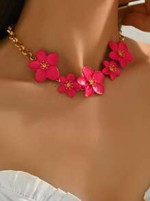 1pc Elegant Fuchsia Metal 3D Floral Decor Necklace, Fashion Thick Chain Neck Jewelry For Women Suitable For Everyday Wear And Music Festival, Length Can Be Adjusted