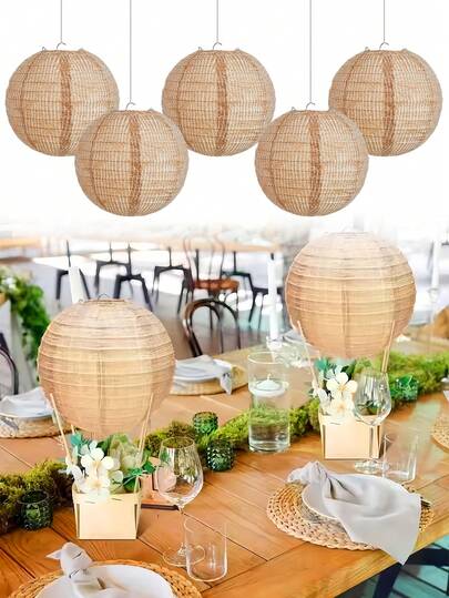 6 件麻布纸灯笼，圆形农舍装饰亚麻纹理纸灯笼，非常适合婚礼悬挂装饰、农舍教室、家居、生日派对、节日、餐桌中心装饰