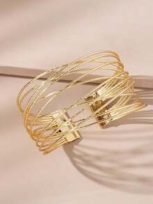 1pc Fashionable Women's Multi-Layered Crossed Pure Metal Decor Open Bangle - 黃金 - 查看 7