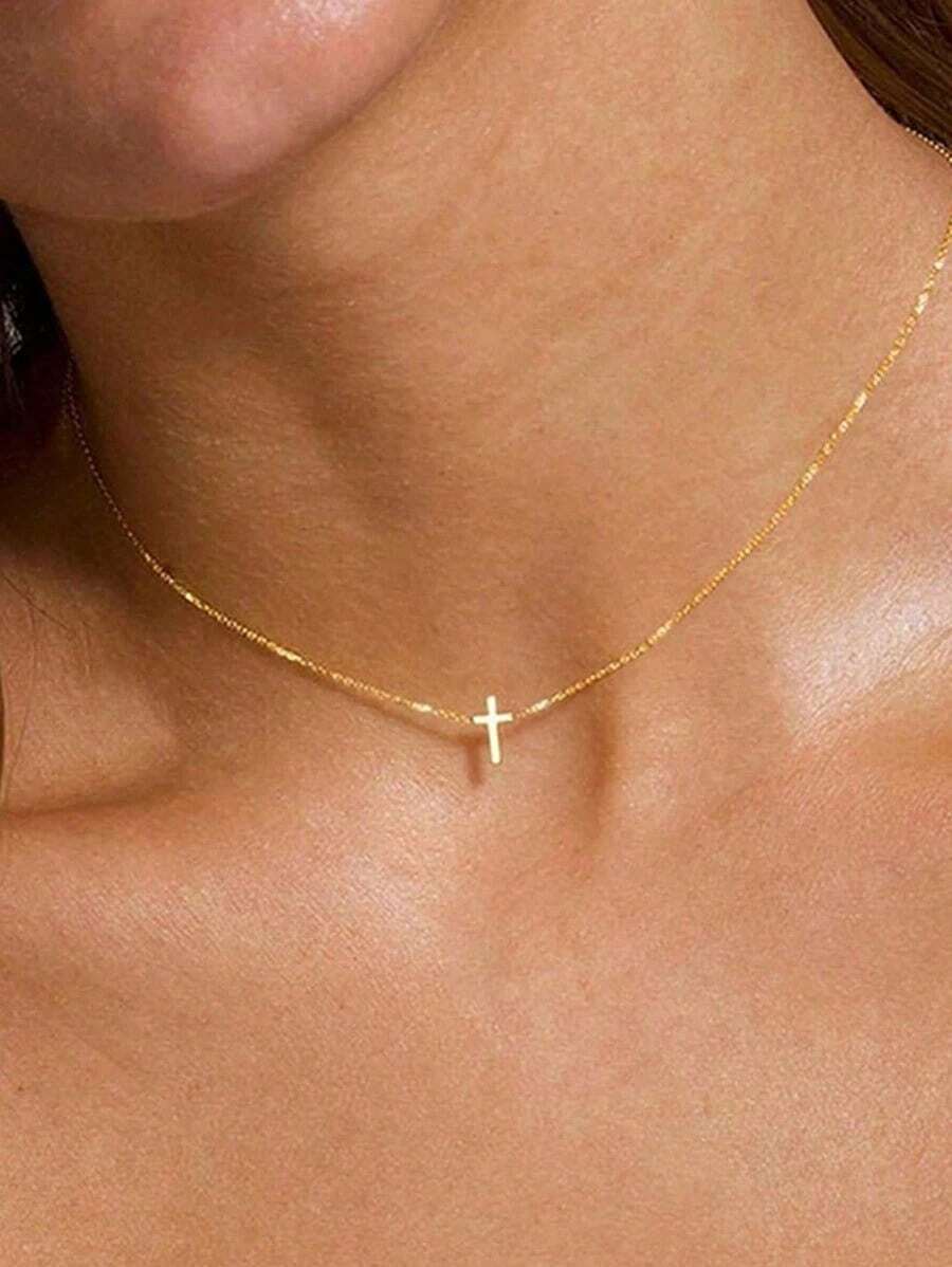 1pc Delicate & Compact Golden Cross Necklace, Minimalist & Elegant, Suitable For Women's Daily And Outdoor Wear, An Excellent Gift For Christian Women - 金子 - 查看 1