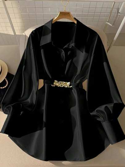 Camisa larga con mangas de linterna largas y adornos metálicos para mujer, elegante y a la moda