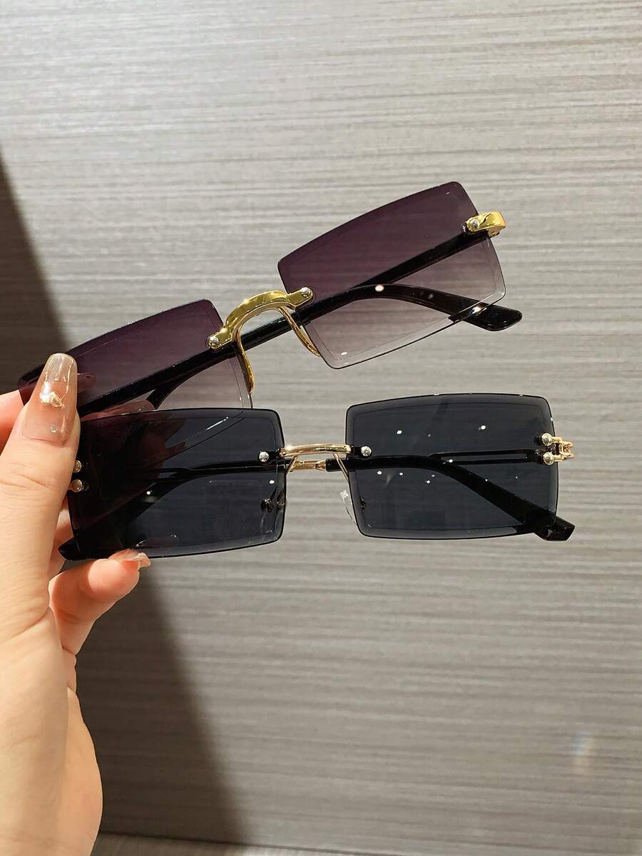 2pcs Unframed Retro Rectangular Metal Fashion Sunglasses, Classic Style For Outdoor Travel Beach Casual, Summer UV Protection Driving Glasses For Men & Women Shade Going Out Outfit Outdoor Beach Seaside Vacation And Gift For Family And Friends - 2PCS組合裝A - 查看 1