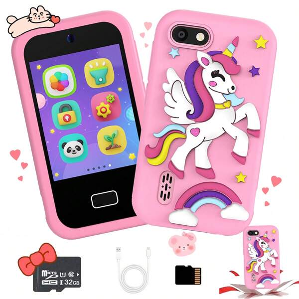 1pc Cute Silicone Protective Case Portable Learning Phone Toy, Suitable For Girls Boys, Children's Phone Toy With Dual Camera, Toddler Music Player With Features Including Game Alarm Clock,Storytelling,Drawing, Calculator, Video , Ideal For Back To School And Birthday Gifts For Girls And Boys School Supplies