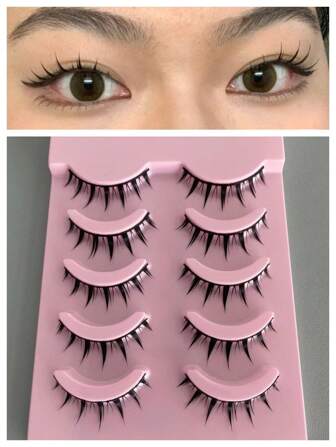 5 对黑色珠眼小恶魔动漫设计自然假睫毛，适合初学者，适合日常、通勤、约会、派对条状睫毛、睫毛、睫毛、假睫毛