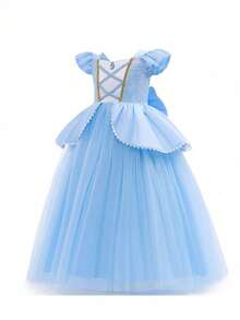 少女优雅的宝石蓝网纱亮片短袖连衣裙，搭配皇冠、魔杖项链和手套配饰，适合外出、派对、生日和其他活动。 - 藍色 - 查看 3