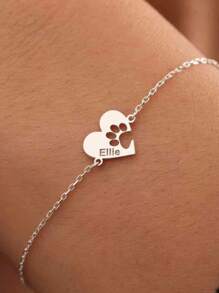 Customized Cute Paw Print Heart Bracelet, Personalized Pet Memorial Gift With Name Engraved, Cat Dog Paw Bracelet, Animal Lover Jewelry,New Year Glamour - Silver - View 5
