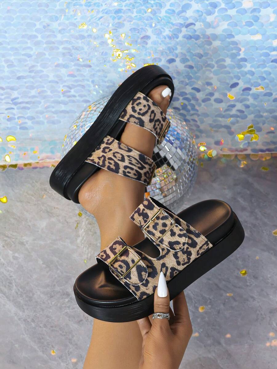 女士坡跟厚底凉鞋，性感豹纹厚底高跟拖鞋，沙滩鞋，双层厚底鞋，时尚户外搭扣带