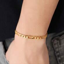 1pc 18K Gold Flat Bracelet For Women,Golden Figaro Chain Jewelry, Exquisite Daily Waterproof Stainless Steel Bracelet, Layered Chain Bracelet, Jewelry Gift For Her