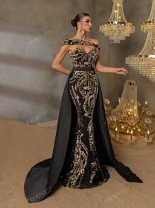 Faeriesty Faeriesty Gorgeous Beaded Sequin Evening Gown With Floral Beading Embroidery & Dramatic Slit Detail, Back Fluid Satin Overlay For High-End Parties, Black Tie Affairs & Urban Fashion Events