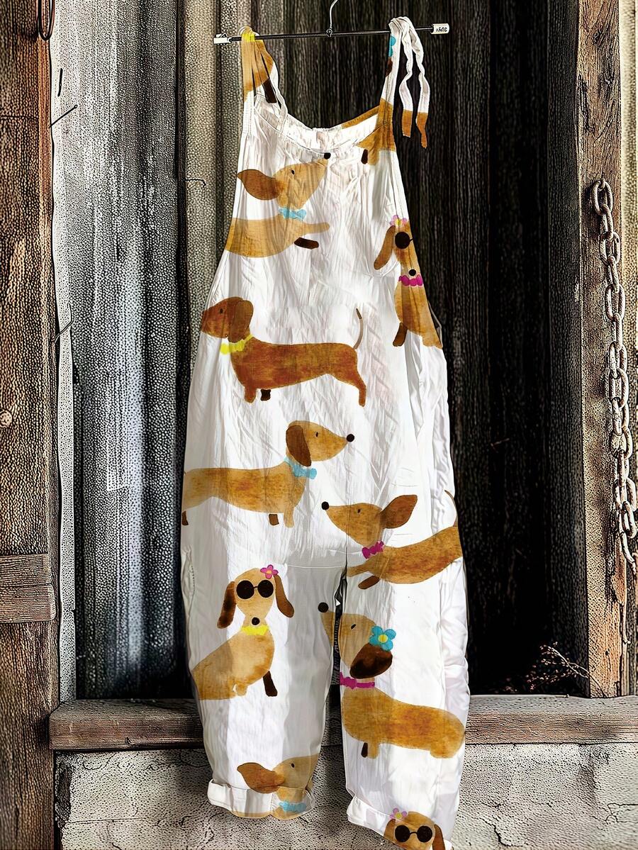 女士无袖连体裤，动物纹印花 | V 领系带设计 | 休闲舒适的涤纶混纺连体裤，适合度假、海滩、夏季穿着 - 轻盈透气 白色优雅 - 白色 - 查看 1